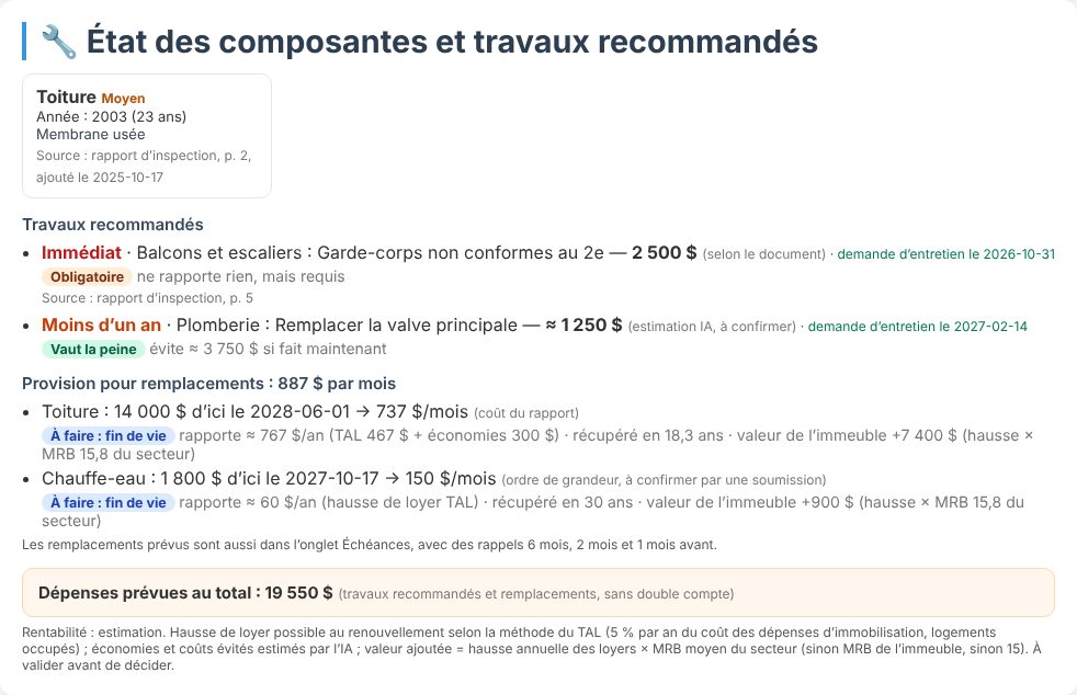 État des composantes et travaux recommandés dans Lucidimo