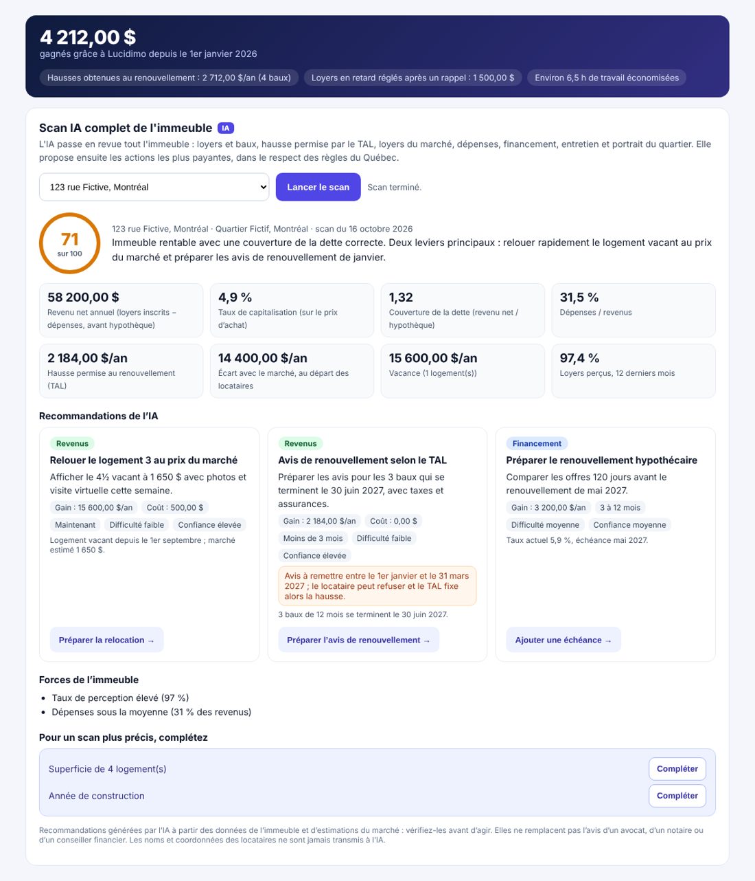 Scan IA d’un immeuble dans Lucidimo : score, indicateurs et recommandations chiffrées